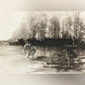 Original Painting Bigfoot Deer Art in Forest landscape by Artettina Signed 2026